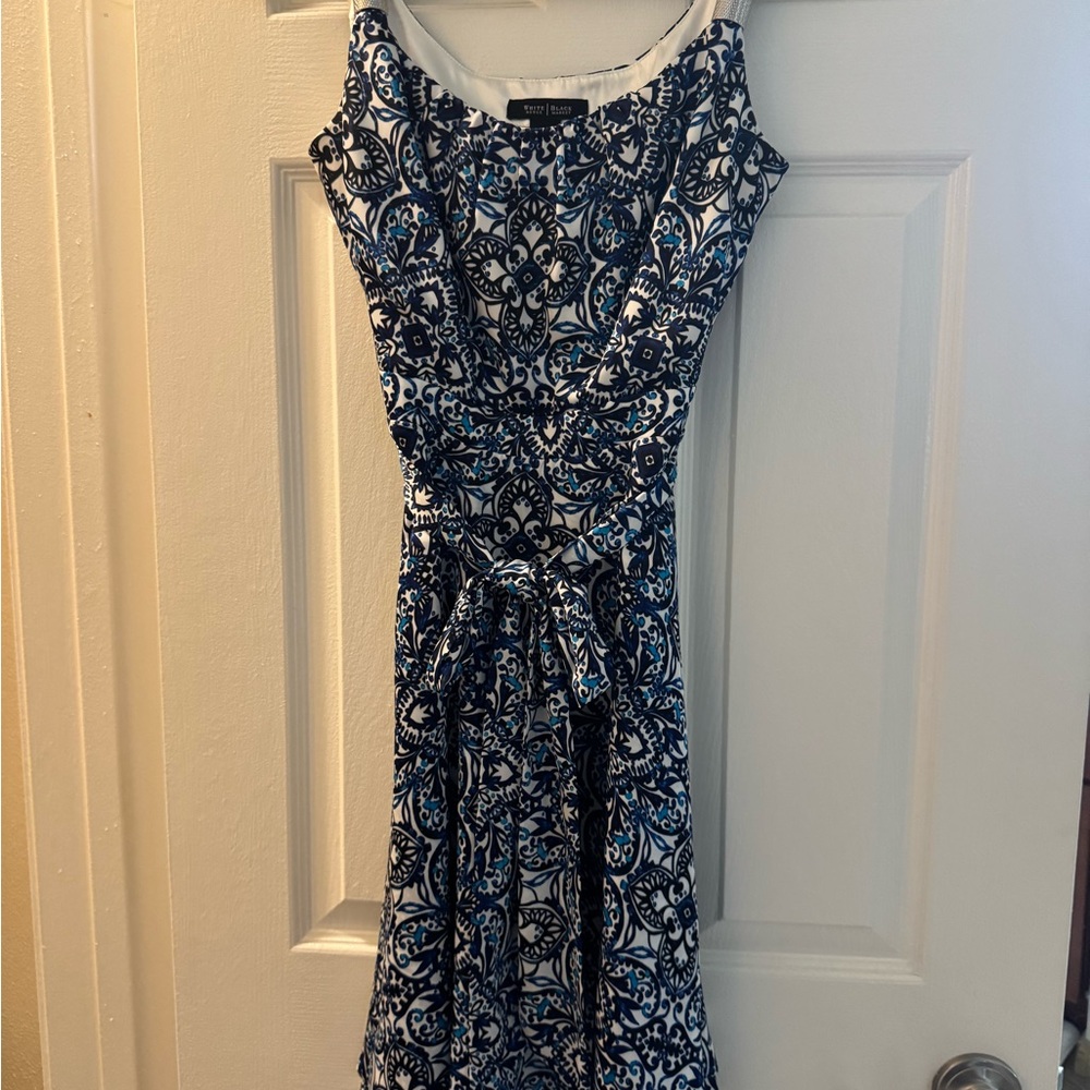 White House Black Market Blue and White Patterned Midi Dress